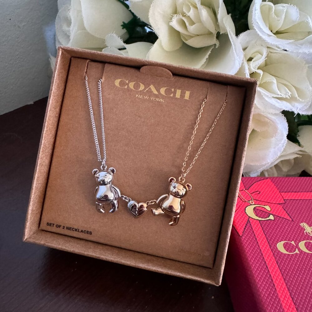 NWT COACH Teddy Bear Heart Friendship Necklace Duo Set CY112 $148 - Picture 3 of 5